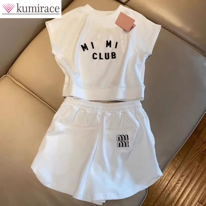 Sports and Leisure Set for Women in Spring and Summer New Korean Version Short Sleeved T-shirt High Waist Short Two-piece Set