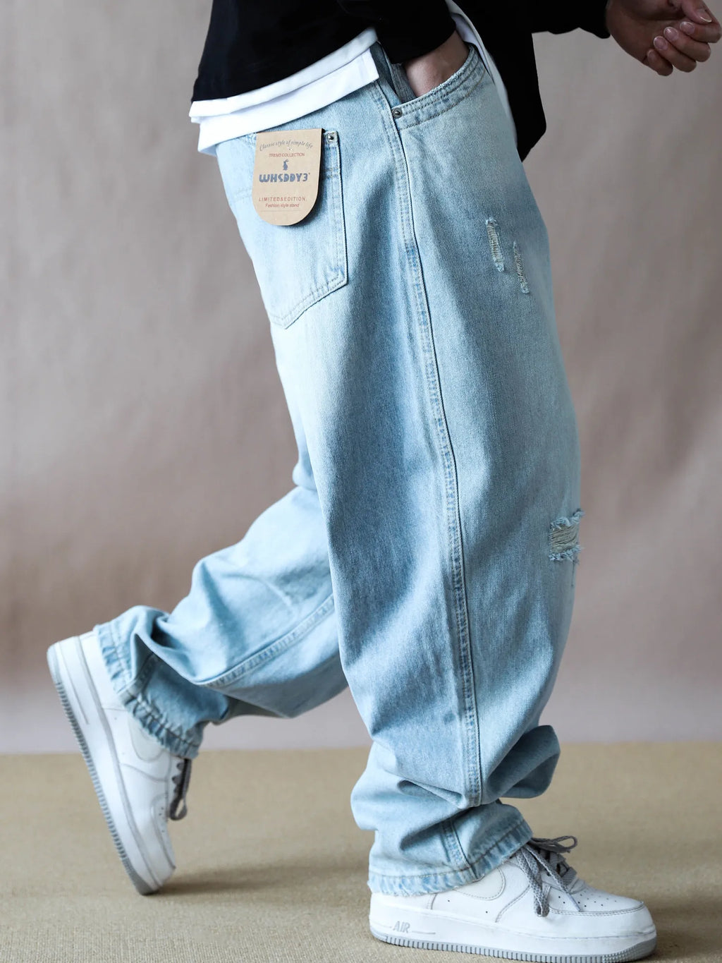 Mens Jeans American Vintage Light Blue Washed Distressed Ripped Patch Baggy Loose Curved Tapered Denim Pants Streetwear Hip Hop