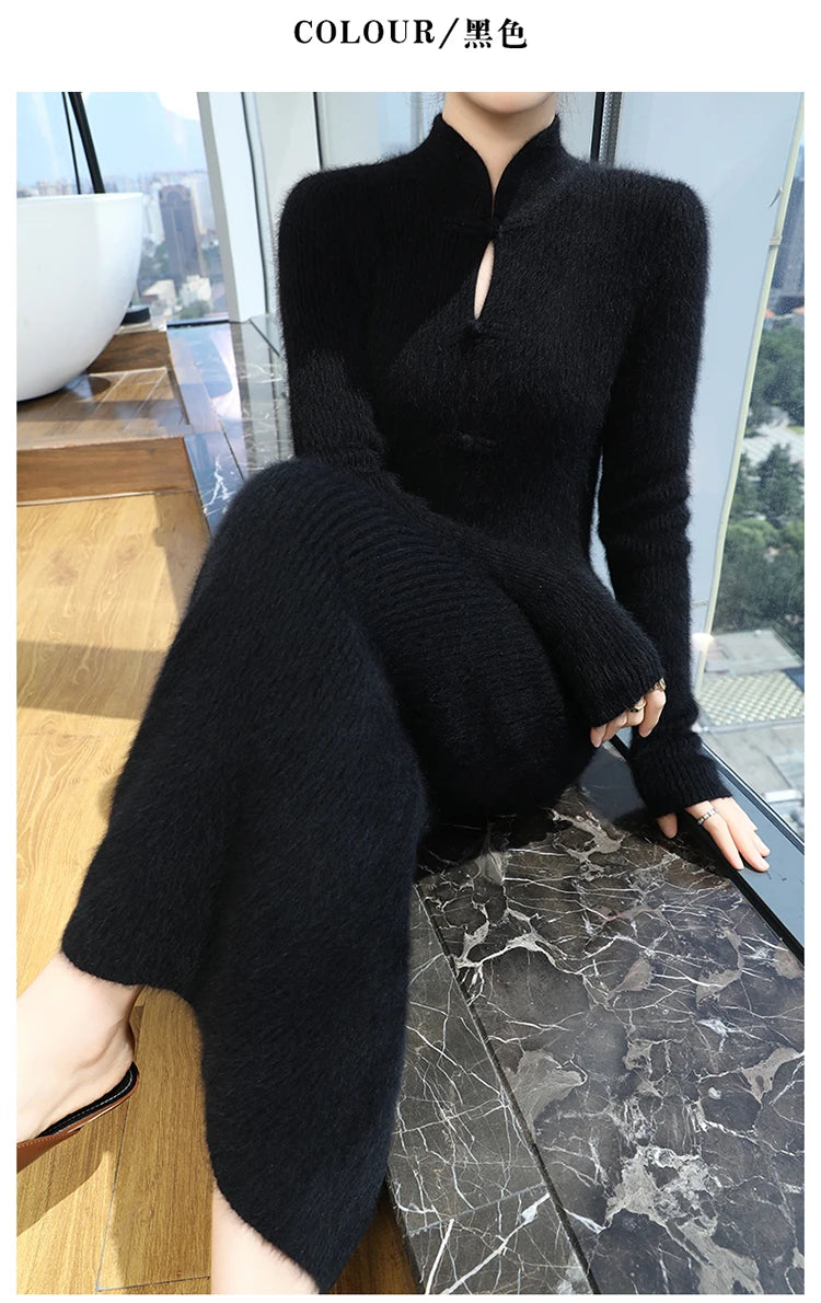 100% Mink Cashmere Knitted Dress Ladies Stand Collar Buckle Long Skirts Retro High Waist Over Knee Slim Dress New Thick Sweater