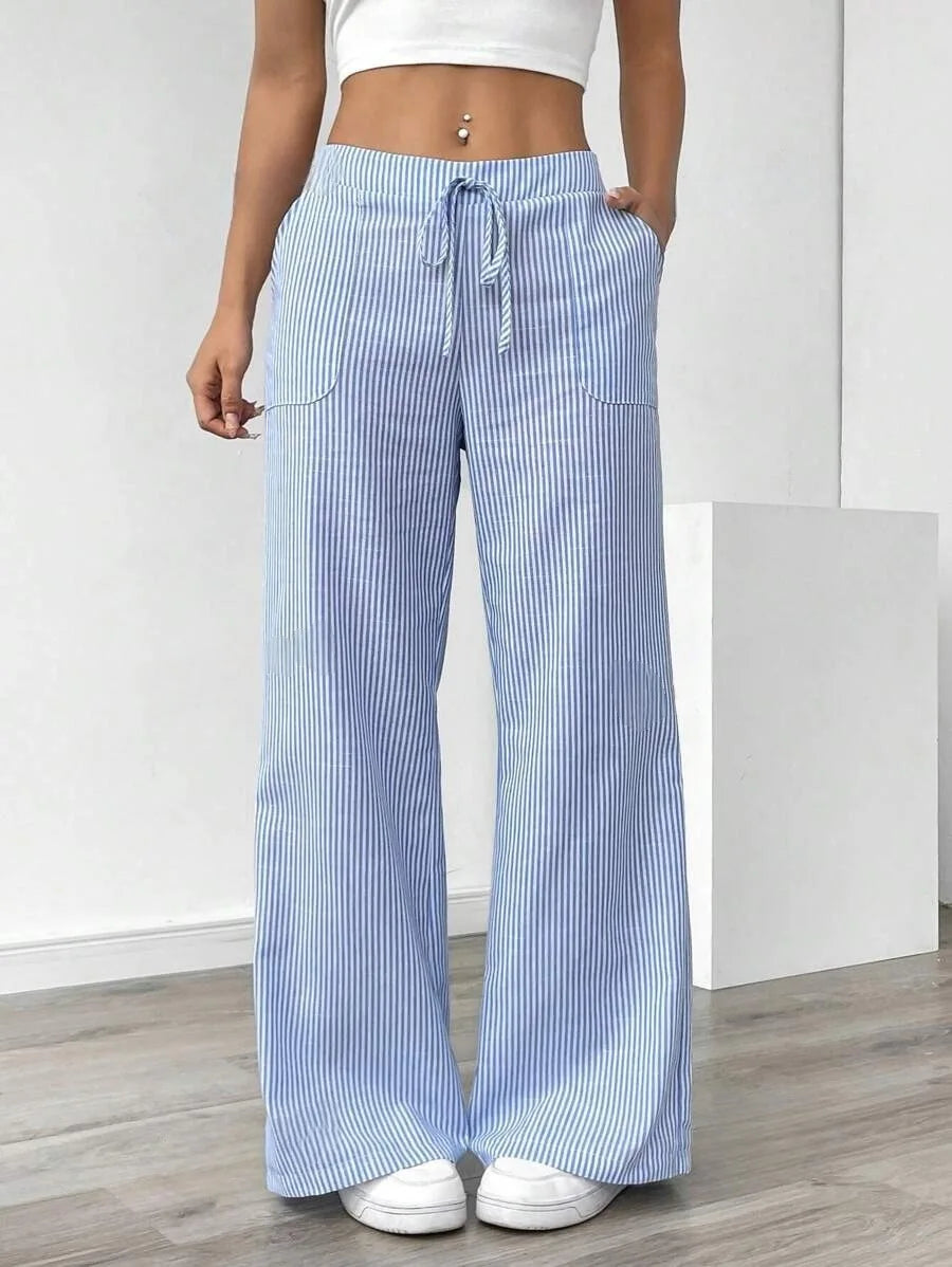 American Style Retro Vertical Stripe Drawstring Wide Leg Pants High Waist Dipping Loose Straight Casual Pants