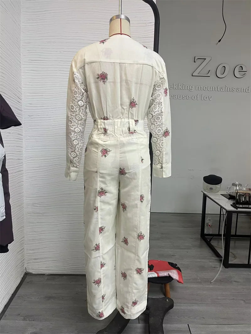Guobioziy Women's Jumpsuit 2026 Early Fall New Arrival Fashionable Printed Long-Sleeve V-Neck Zipper Elastic Waist Jumpsuit