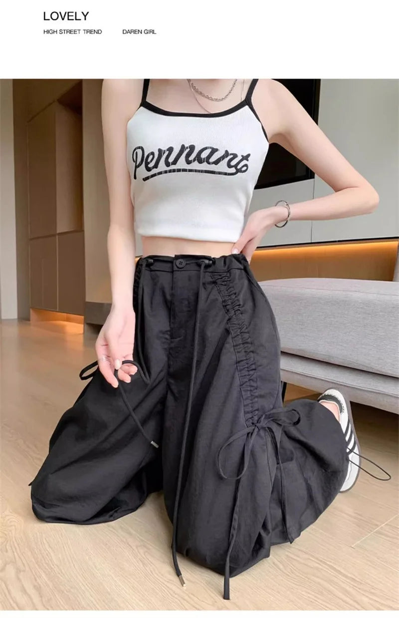 2026 Spring Summer New Women Pants Drawstring High Waisted Female Wide Leg Trousers Casual Vintage Korean Ladies Slim Work Pants