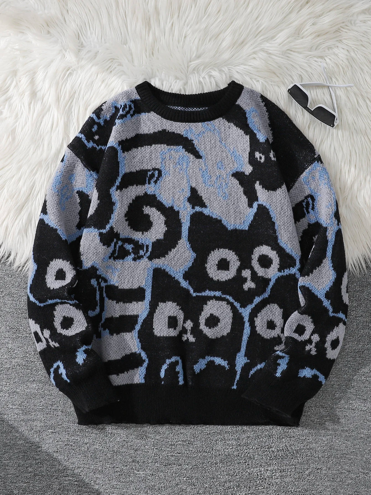 Autumn and Winter Abstract Cat Jacquard Double-Sided Pattern Pullover Sweater Casual Round-Neck Knit Men's Pullover Sweater Suitable for Daily Wear Unisex Outerwear