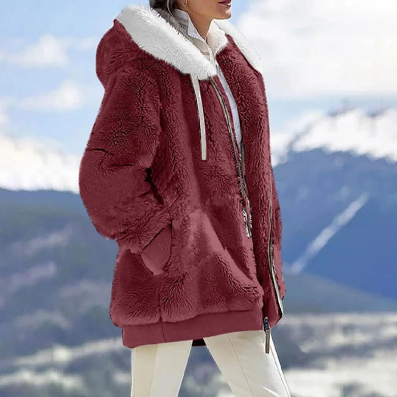 New Style Winter Fashion Women's Coat Casual Hooded Zipper Ladies Clothes Cashmere Women Fleece Jacket Solid Color Ladies Coats