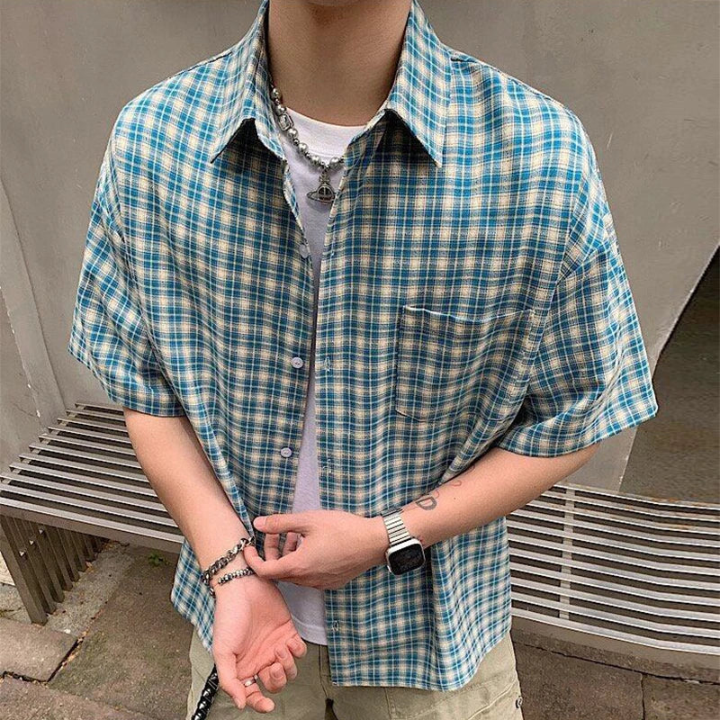 2025 Summer Stylish Short Sleeve Shirt Men's Streetwear Vintage Button-up Turn-down Collar Shirts Trendy Men Plaid Printed Shirt