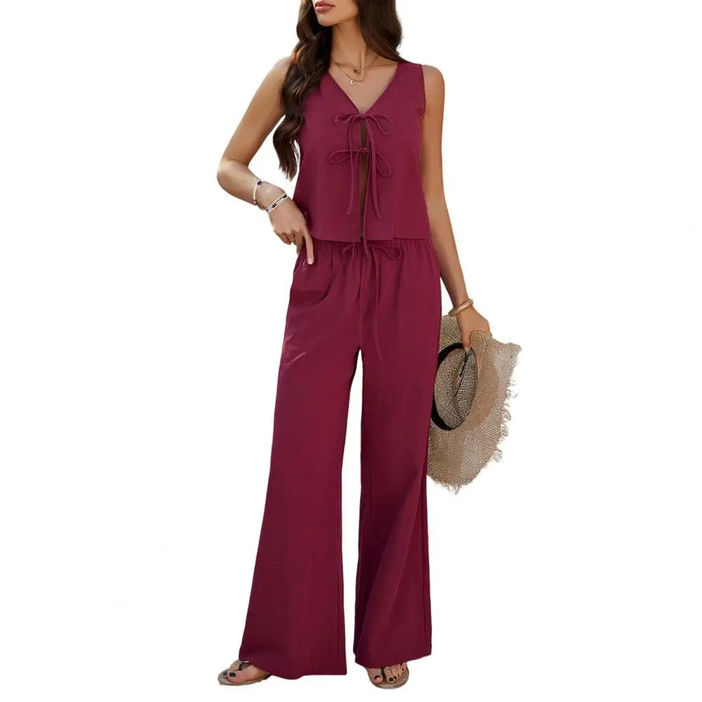 Women's Summer Comfortable Casual Simple Solid Color Two-piece Set Fashion Sleeveless V-neck Strap Short Top Wide-leg Pants Sets