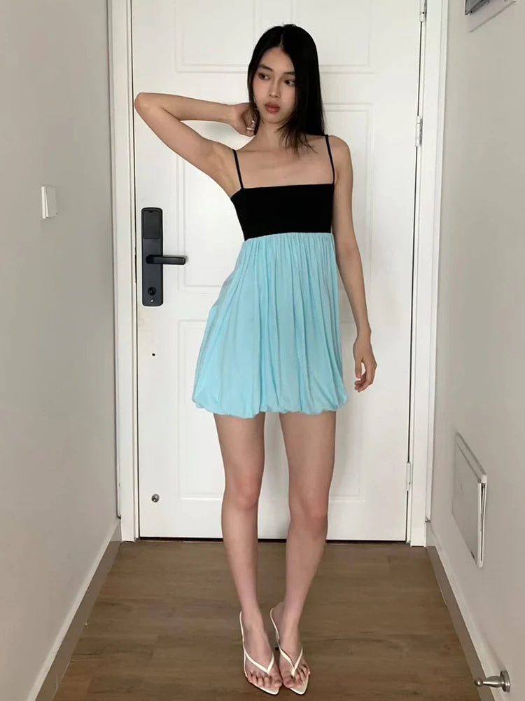 Trendy Color Block Mini Dress Thin Spaghetti Square Neck Back Button Bubble Hem Loose Skirt Casual Summer Daily Date Party Wear