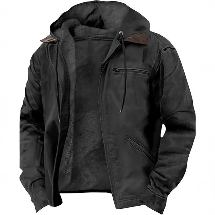 Men's Autumn Casual Retro Hooded Zipper Solid Fleece-lined Warm Fleece Jackets Male Multi Pocket Outdoor Hoodies Coats Outerwear