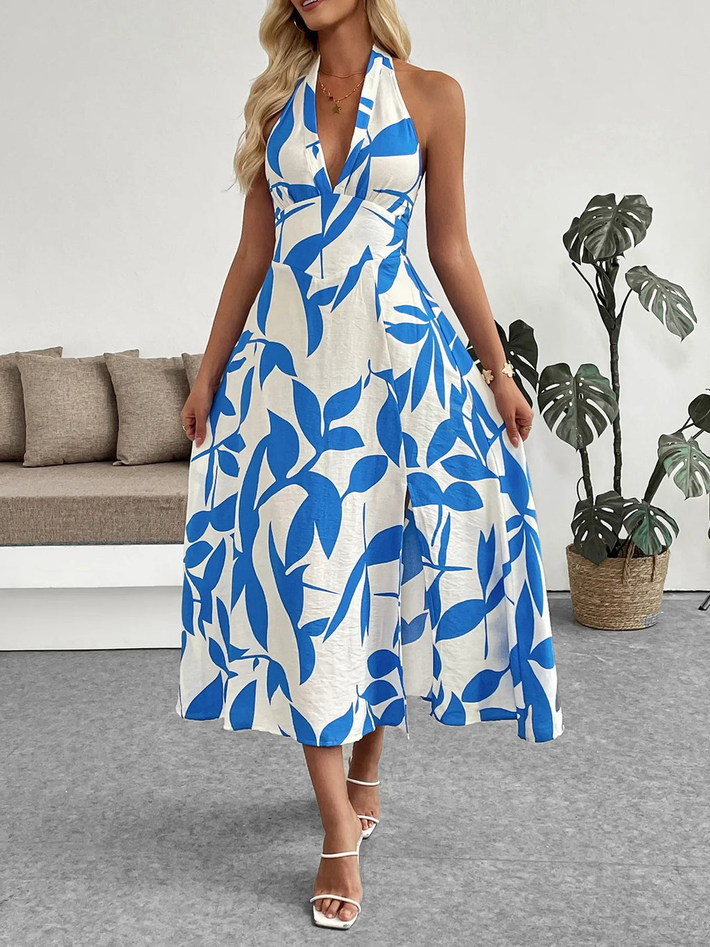 Vacation Floral Print Women's Summer Halter Neck Backless Casual Long Dress Sexy Boho Sleeveless Beach Party Maxi Dresses Ladies