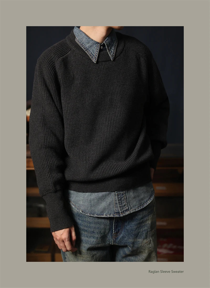 Classic Raglan Sleeve Crewneck Sweater Vintage Style Men's Wool Blend Knitted Pullover Jumper Thick