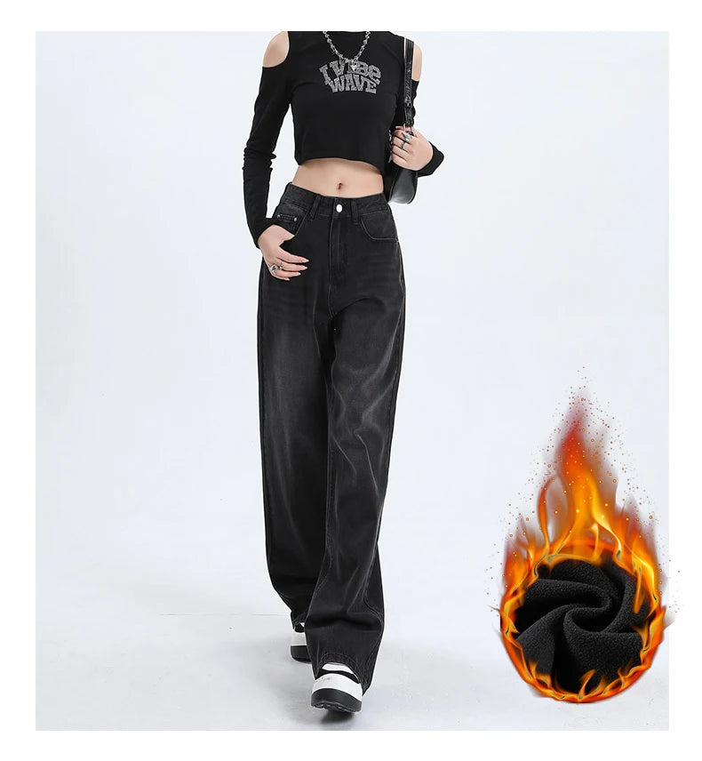 Autumn Winter Fleece Jeans Women Cotton High-waisted Baggy Wide-leg Pants Fashion Korean Vintage Black Gray Velvet Warm Jeans