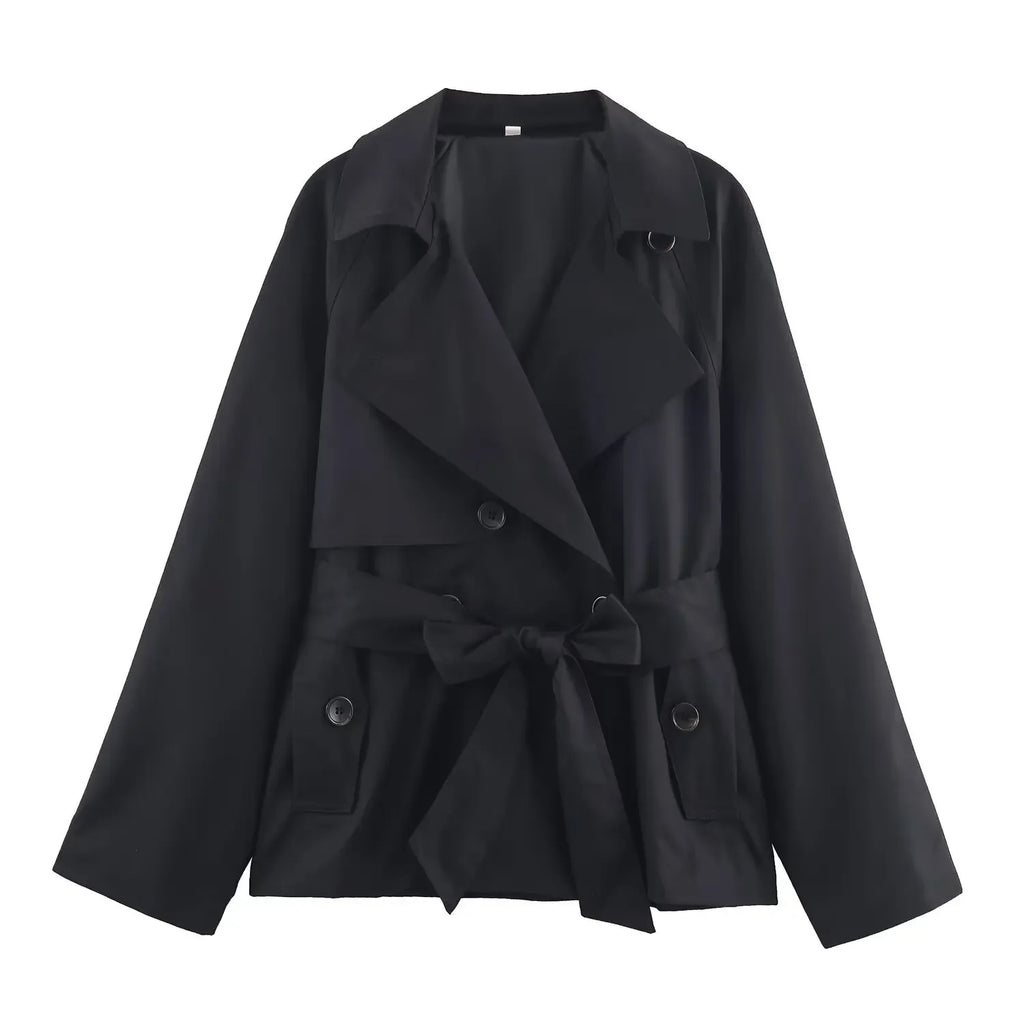 Women Lapel Lace Up Short Trench Coat Casual Full Sleeve Double Breasted Loose Cropped Windbreakers 2026 New Lady Commute Coats