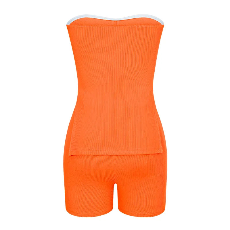 Sexy Solid Slim Suit For Women Fashion Strapless Side Split Top Elastic Waist Package Hip Shorts Two Piece Set 2026 Summer New