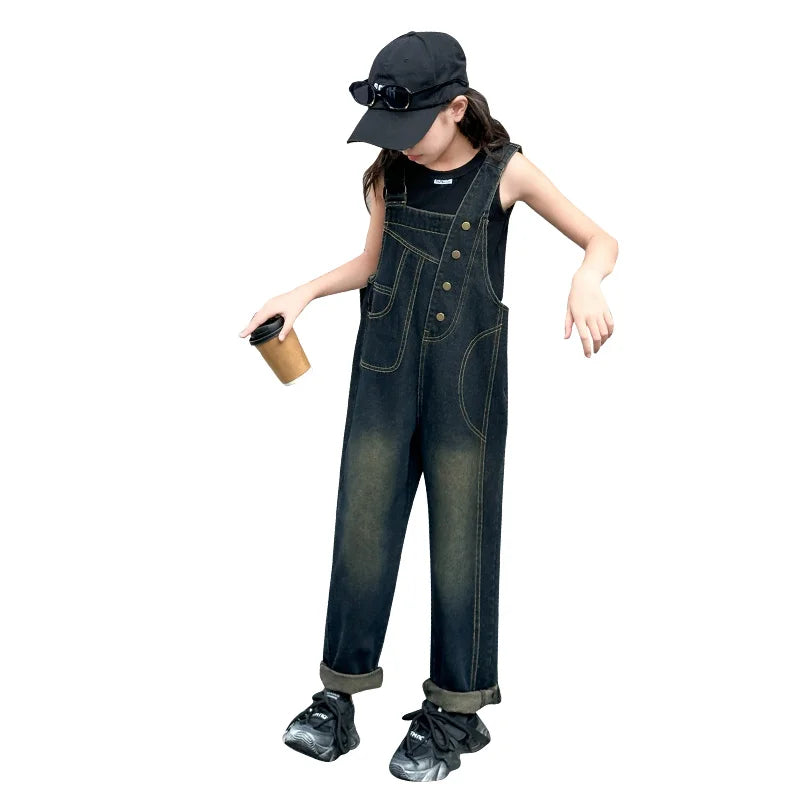 Elegant Children Jeans Jumpsuit with Broken Holes For Girls Fashion Overalls Streetwear Kids Denim Suspenders Pants With Strap