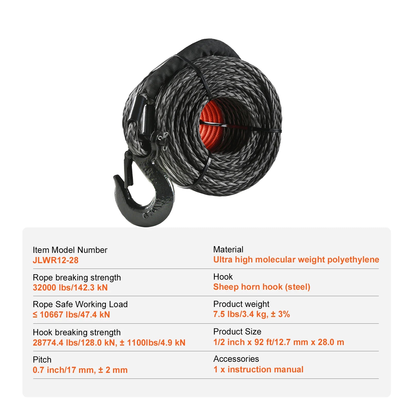 SucceBuy 26500/32000Lbs Synthetic Winch Rope Truck Boat Replacement Line Cable Rope with Forged Hook ATV Car Outdoor Accessories