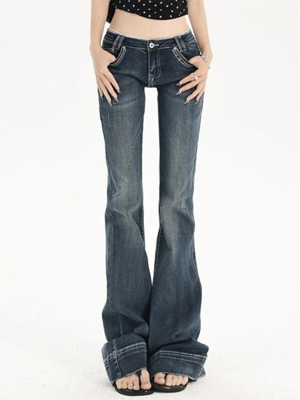 Women's Vintage Washed Low Rise Bootcut Jeans Slight Flare Denim Pants Retro Y2K Style