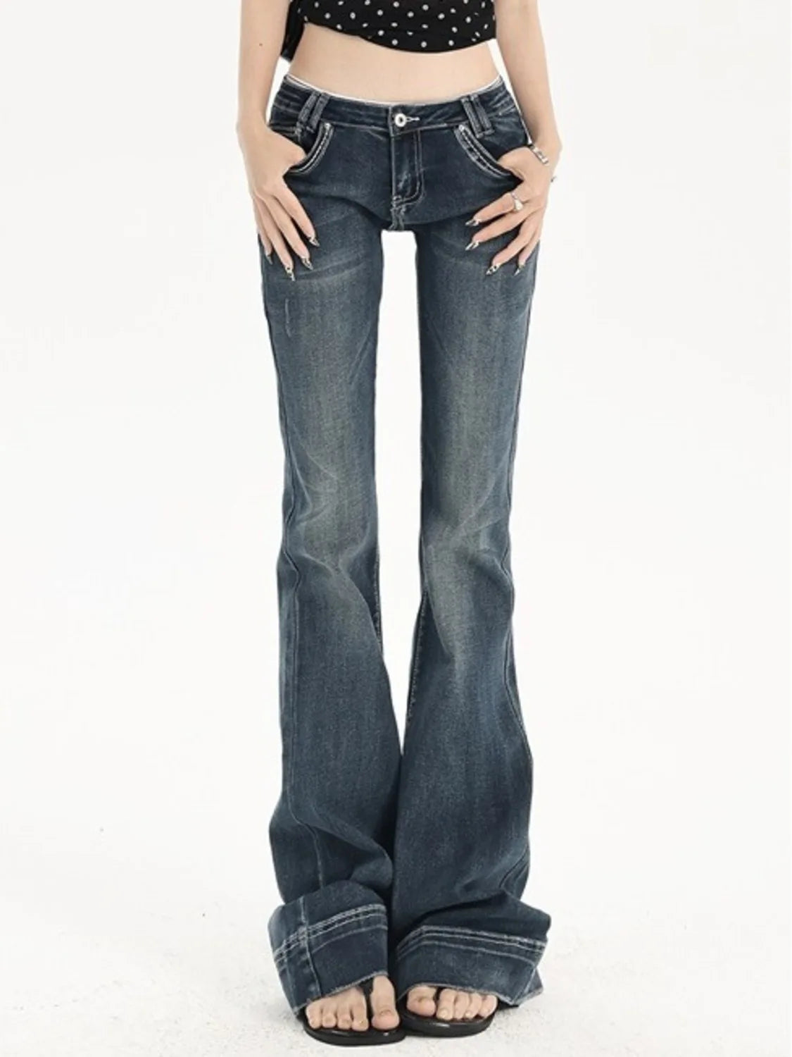 Women's Vintage Washed Low Rise Bootcut Jeans Slight Flare Denim Pants Retro Y2K Style