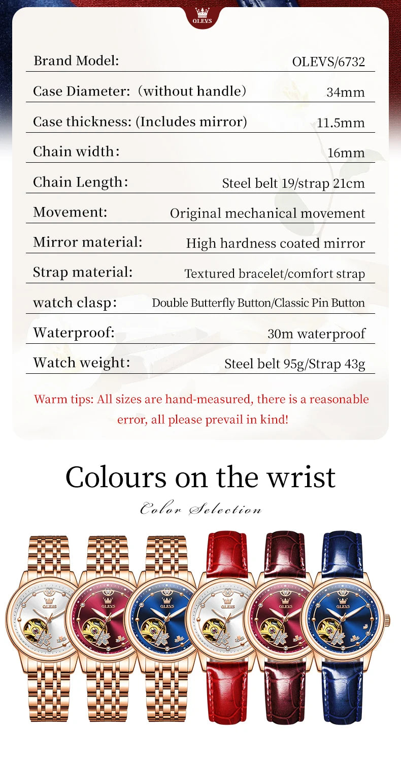 OLEVS 6732 Women's Watches Elegant Rose Gold Stainless Steel Hollowed Diamond Dial Automatic Mechancial Watch Gift Box for Women