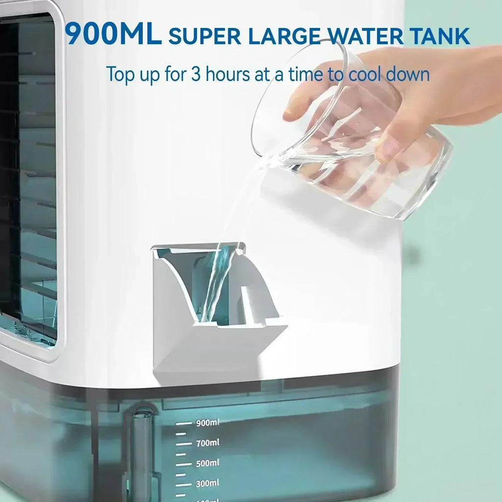 Portable Evaporative Rechargeable Mini Air Cooler 900ml Tank 3‑Speed Desktop Fan 7‑Color Night Light Humidifier Dorm Travel