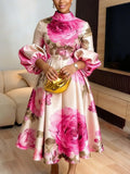 Stylish Women's Flower Printed Stand Collar Elegant Evening Maxi Dresses 2026 New Puff Sleeves Loose Pleated Party A-Line Dress