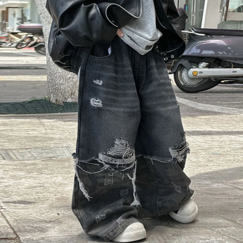 2025 New Boys' Cool Ripped Jeans Wide-leg Trousers American Retro Children's Trousers
