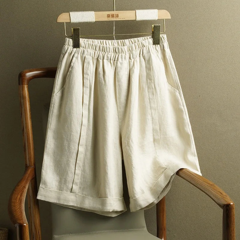 Women's Spring Summer New Linen Wide Leg Shorts Elastic High Waist Casual Loose Plus Size Straight Leg Pants