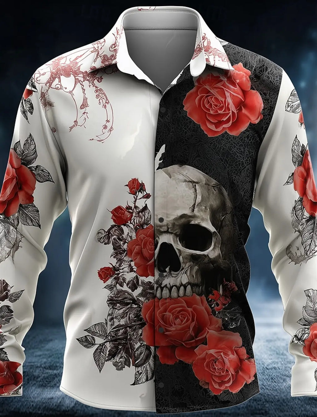 Skeleton Rose Skulls Men's Long Sleeve Shirt Button Up Shirt  Gothic Style Streetwear Turndown 3D Print Shirts Men Clothing