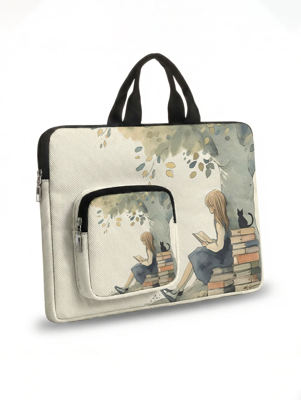 Vintage Reading Girl Black Cat Laptop Handbag With Extra Pocket Shockproof Notebook Case For 13-15.6 Inch Laptops