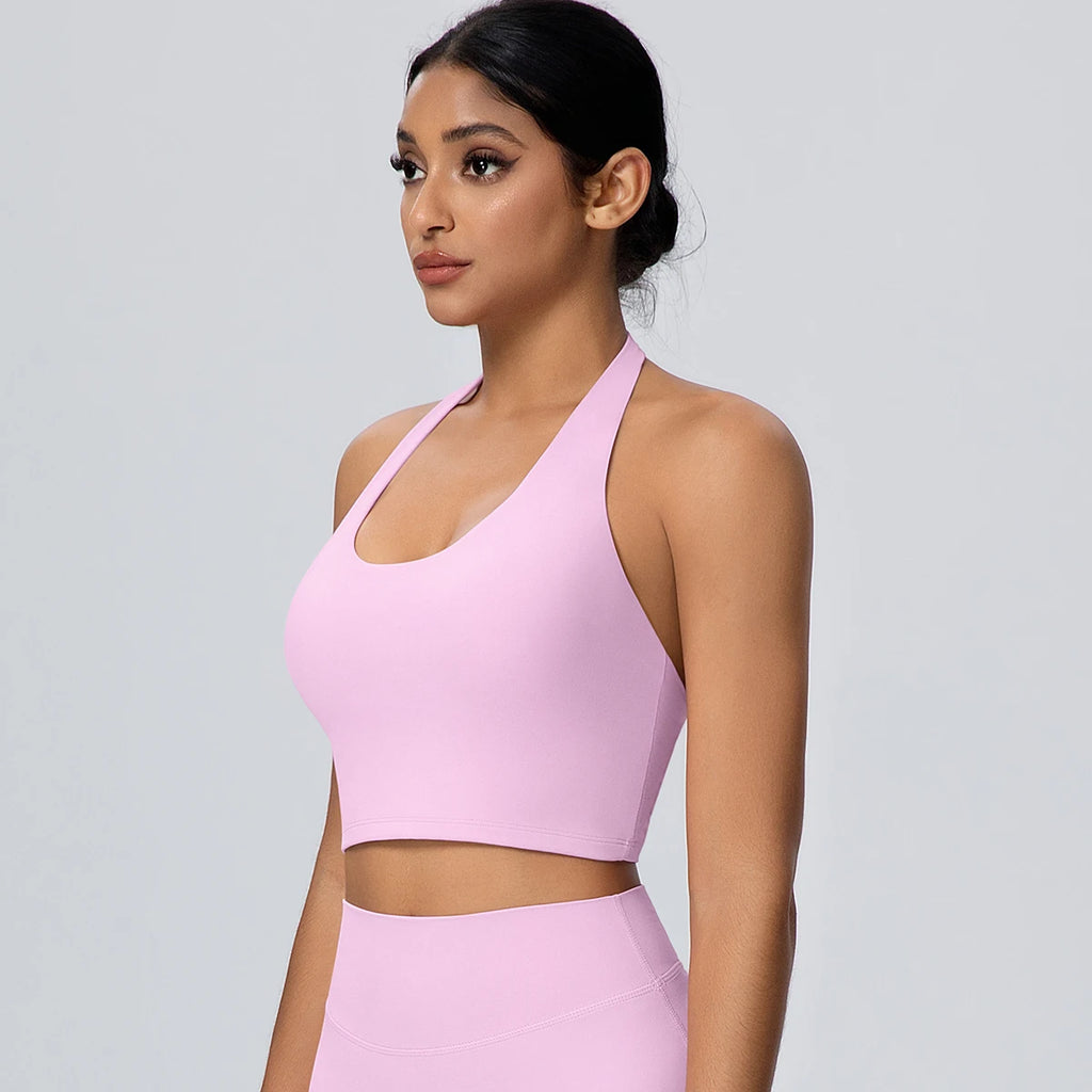 Woman Solid Color Sexy Neck Strap Bra Yoga Underwear With Chest Pad Backless Gather Shockproof Gym Workout Top Sports Yoga Bra