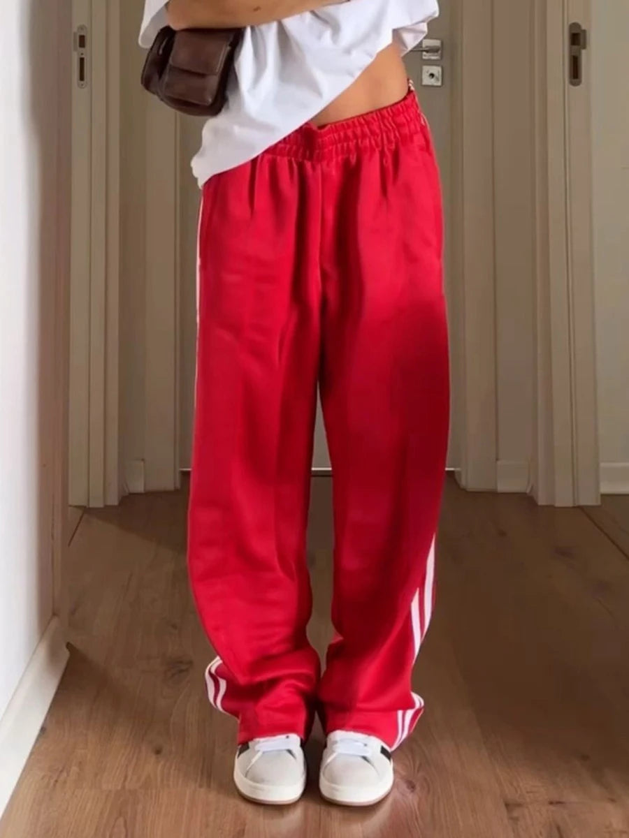 Women's Striped Pants Loose Elastic Waist Drawstring Straight Leg Casual Sweatpants with Pockets y2k Low Rise Baggy Trousers