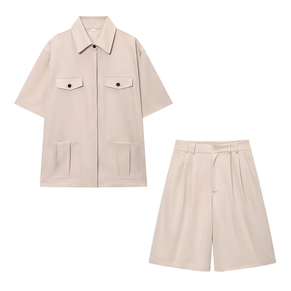 HH Women Summer Solid 2-Piece Set Button Pocket Decoration Short Sleeve Lapel Shirts+High Waist Pleated Zipper Casual Shorts