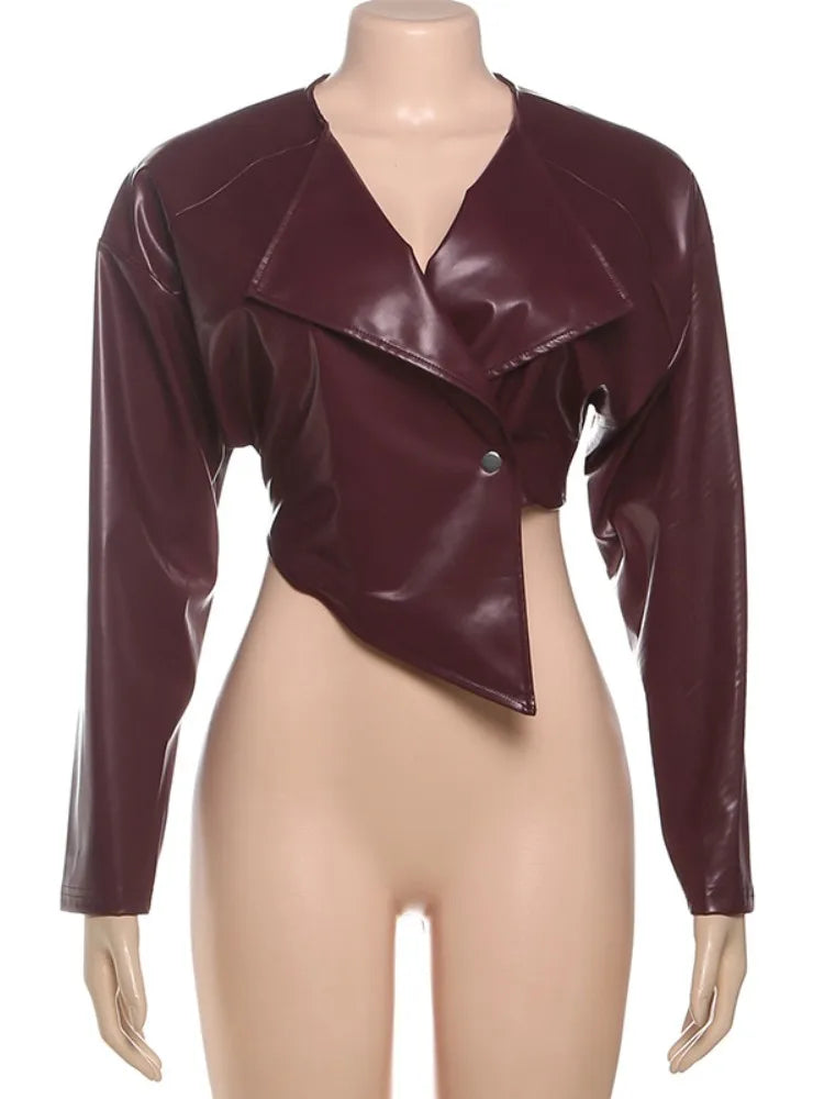 Joskaa 2025 Fall Women's PU Leather Jackets Fashion Solid Lapel Full Sleeve Slim Irregular Crop Coats Outerwear Y2K Streetwear