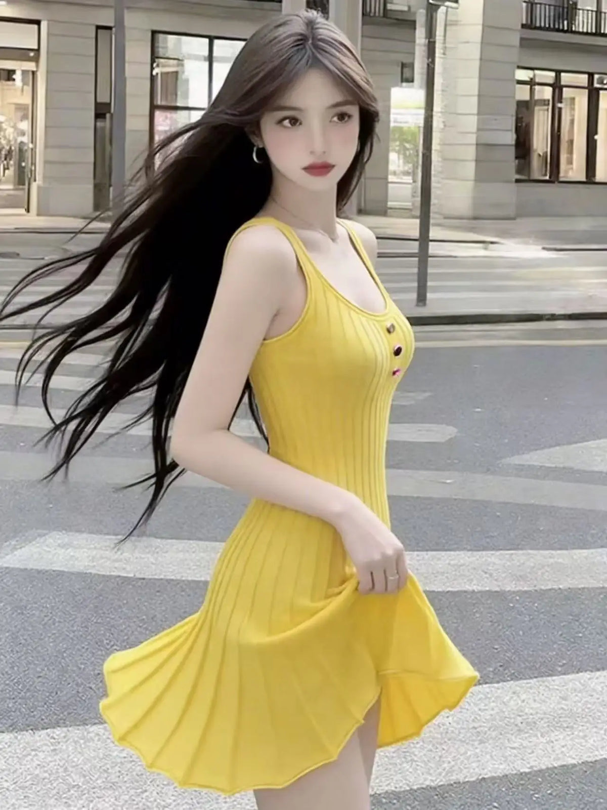 2026 Summer New Women's Square Neck High Waist Suspender Dress, Fashionable Casual Vacation Style, Waist Pockets, A-line Skirt