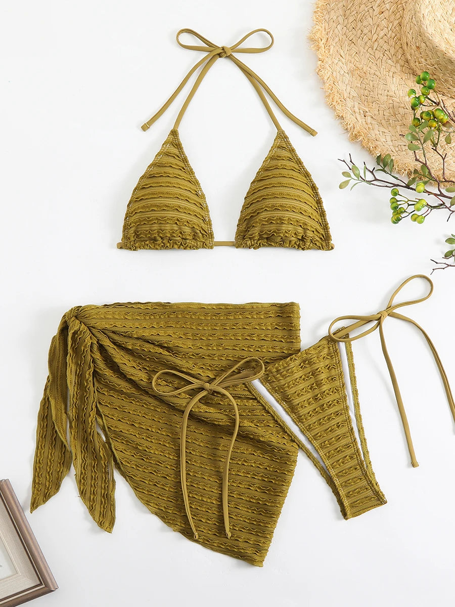 Sexy 3 Pieces Bikini Women Swimsuit 2025 Summer Halter Triangle Swimwear Bottom Bikinis Sets Beach Cover Up Female Bathing Suits