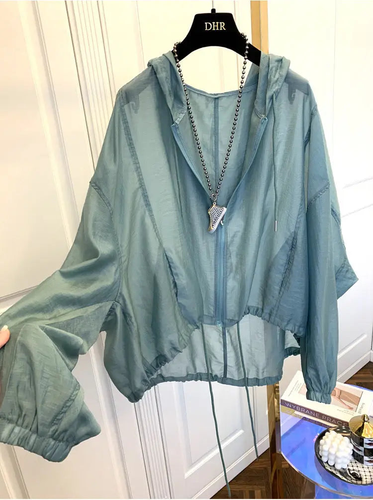 Women Hooded Jackets Summer Sun-proof Zipper Coats Thin Loose See Through Outerwear Breathable Outwear Lightweight Clothes White