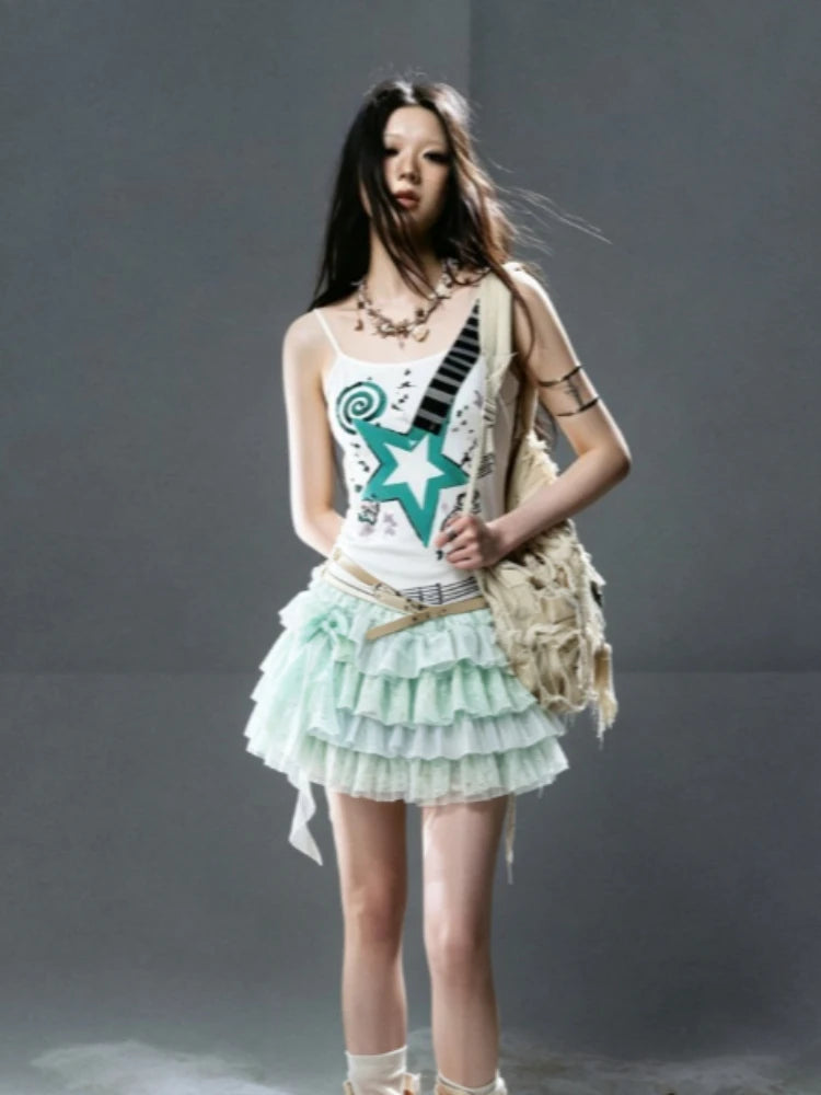 Retro Subculture Two Piece Suit Girls Cute Big Star Swirl Print Cami Top Glitter Tier Mini Skirt Japanese Sweet Summer Outfit