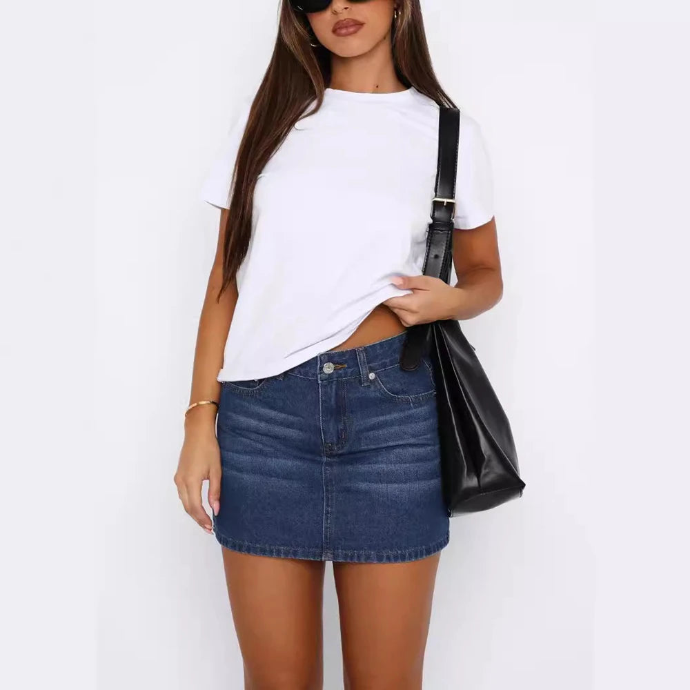 Womens Mini Denim Skirts Fashion Trendy Simple All-match Hot Girl Mini Short Skirts Commuting Style Female A Style Denim Skirts