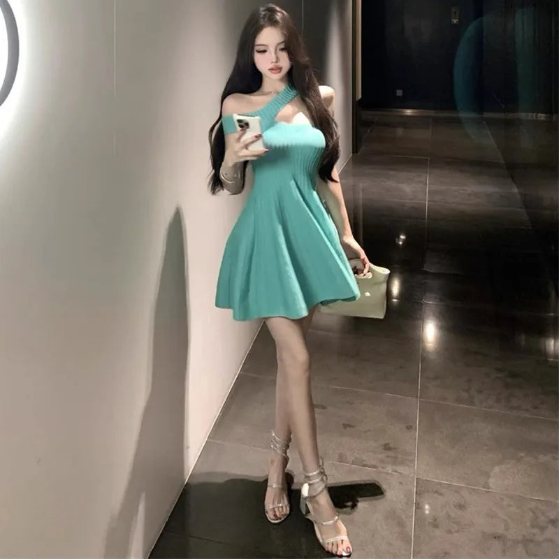 Women's Off Shoulder Knit Mini Dress Hollow Out Chest Flared Skirt Solid Color Party Evening Dress