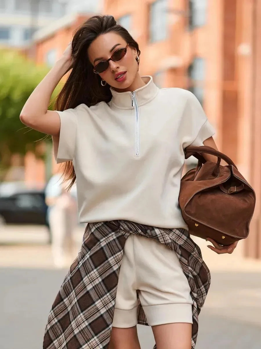 2026 Summer New Long-sleeved Shorts Sweater Set Solid Color Fashion Casual Short 2-piece Set