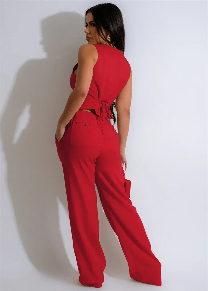 Fashion Elegant Two Piece Set for Women Workwear Office Lady Sleeveless Vest Single-breasted Top + Wide Leg Pants Business Suit