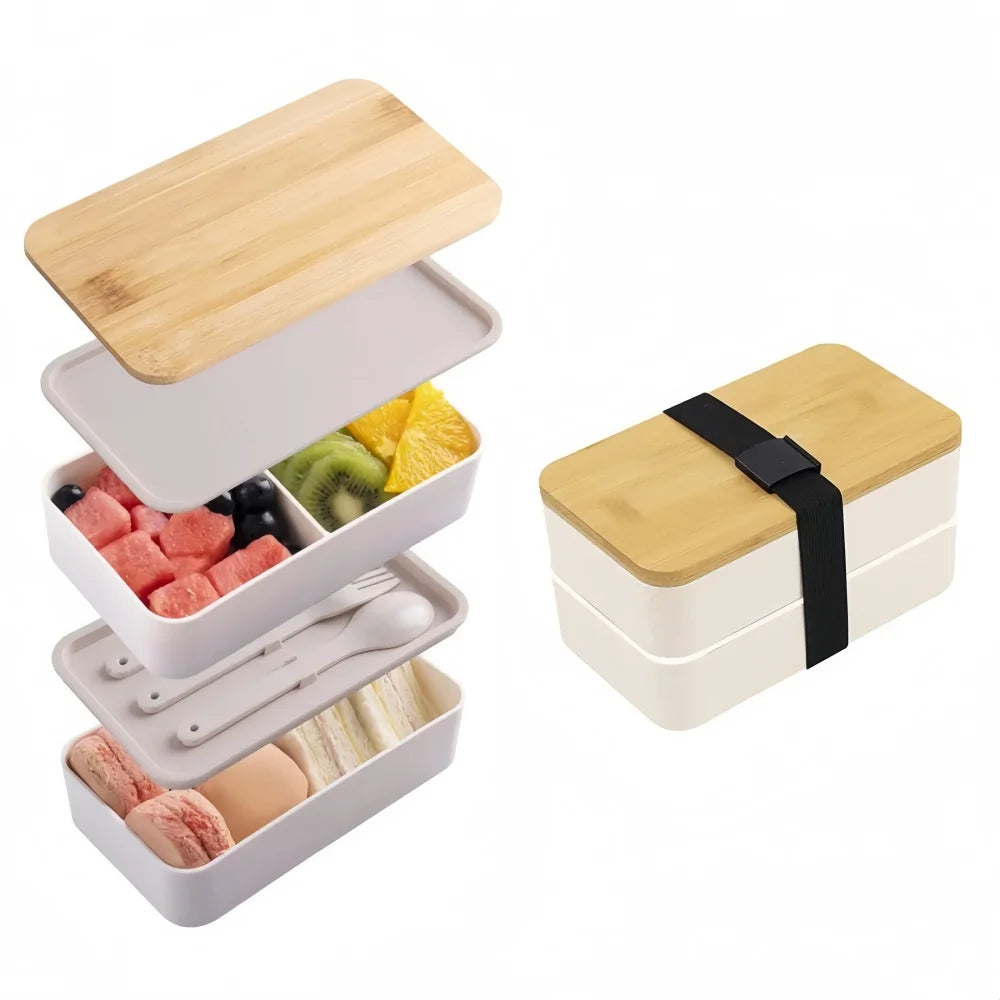 Adult Bento Lunch Box, 2-Tier Food Storage Container Set with Cutlery for Kids/children, Crisper Microwave and Dishwasher Safe