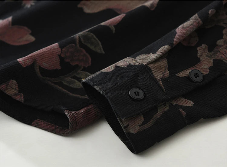 2025 Autumn New Casual Floral Print Shirt for Men Cotton Loose Long Sleeve Rose Denim Shirts Fashion Men's Clothing