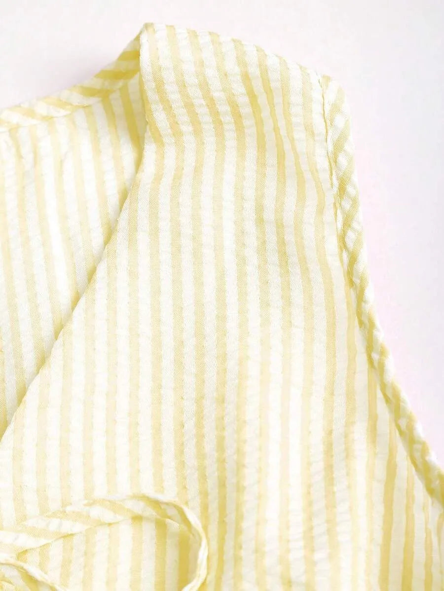 Spring/Summer Solid-Color Striped Set: Casual Tank Top, Tie-Front Tank Top, and Loose-Fit Tie-Front Solid-Color Pants