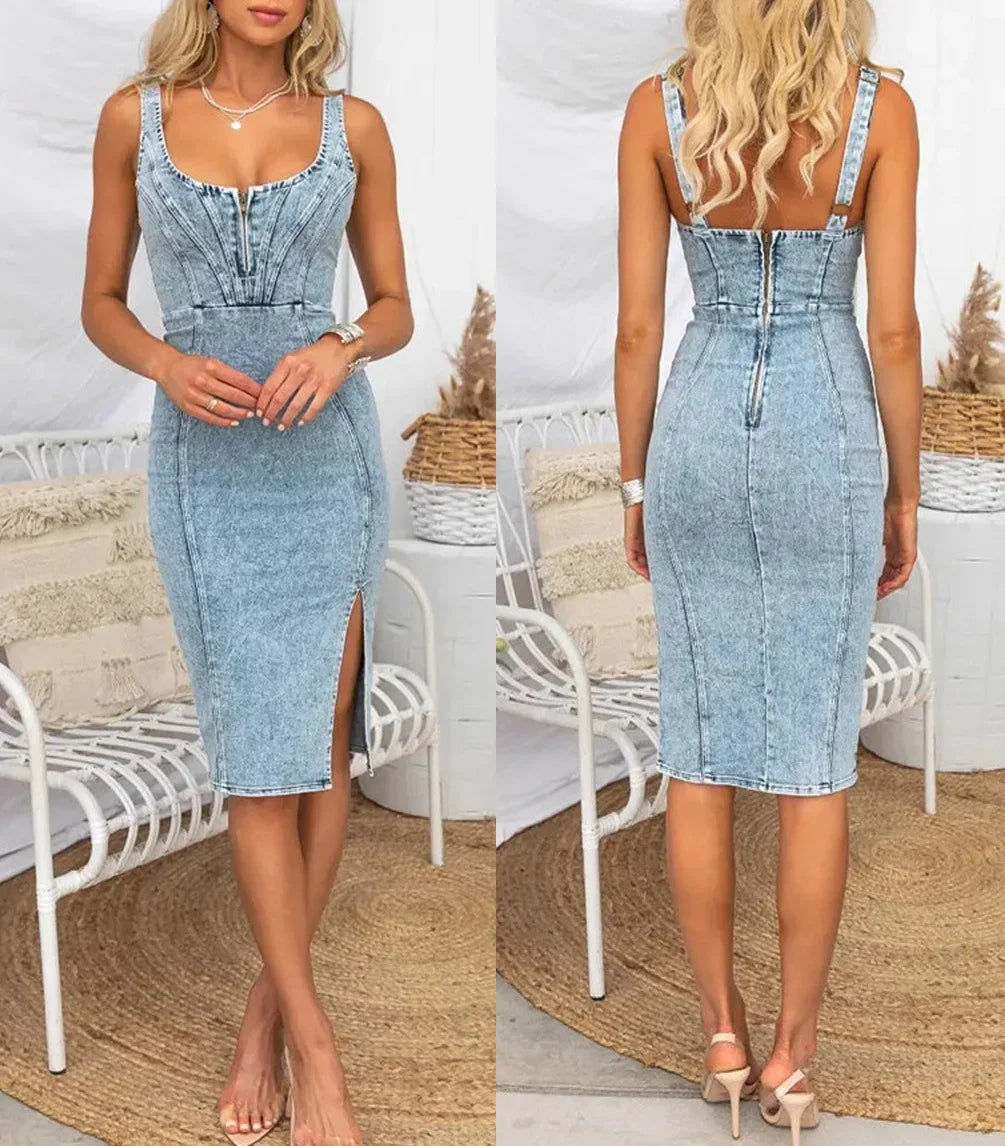 Sundress Women Denim Sheath Dresses Sexy Streetwear Sleeveless Distressed Backless Zipper Slip Dress 2025 Summer Vestidos