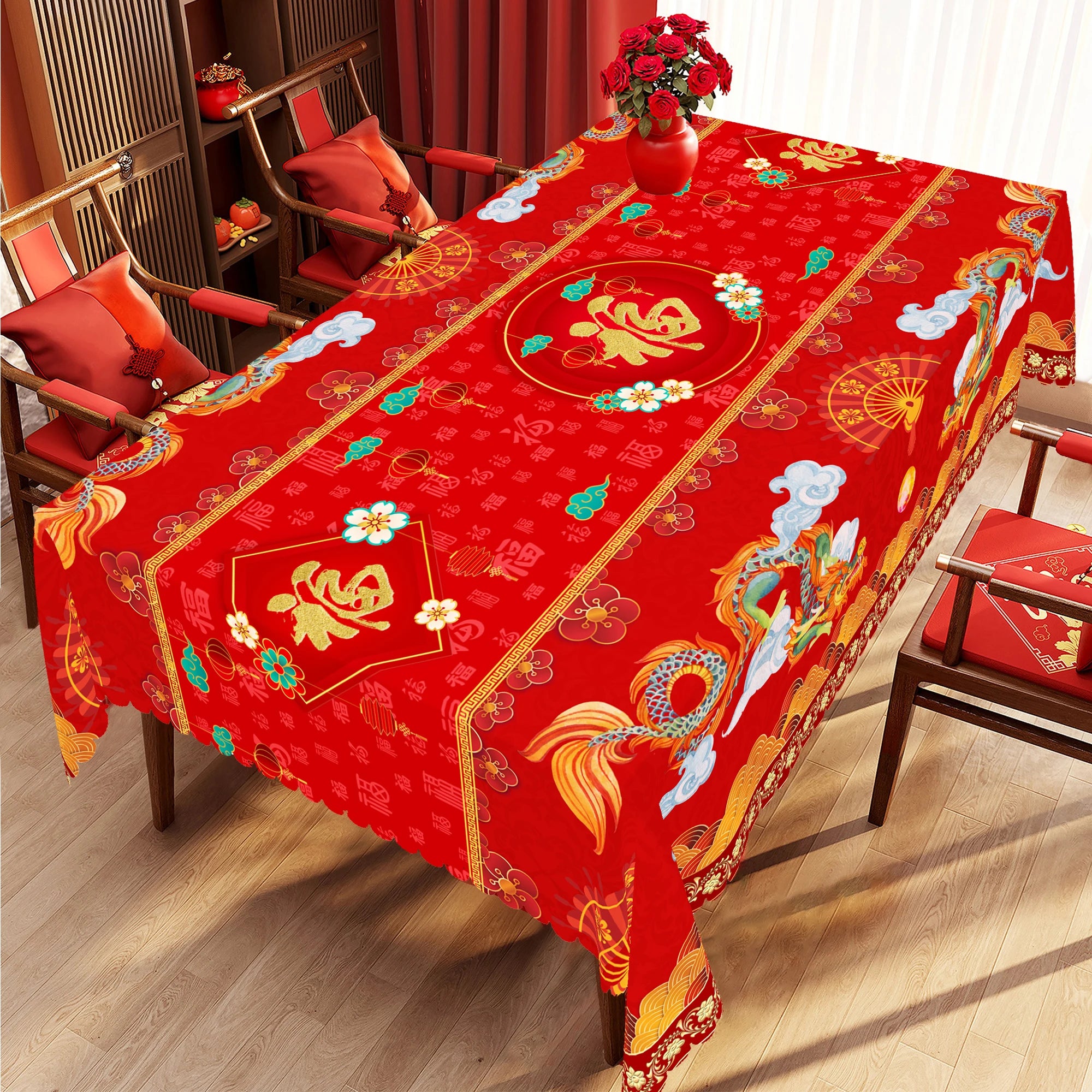 1 Piece of Chinese Blessing Red Round Tablecloth, 5 Sizes, Chinese Spring Festival Red Printed Square Tablecloth, Edge Embossing Process, Wedding Garden Tablecloth Decoration, Tablecloth for Daily Home Kitchen, Terrace, Chine