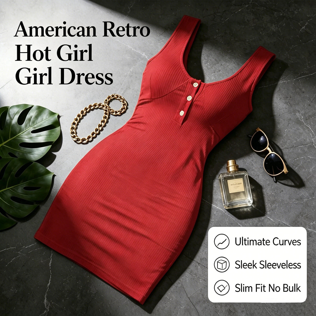 American-Style Spicy Girl Red Ribbed Sleeveless Bodycon Mini Dress, Henley V-Neck Three-Button Slim Fit Knit Dress