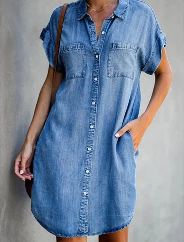 Summer Women's Denim Shirt Dress Single Breasted Casual Loose Pocket Retro Simple Denim Short Skirt