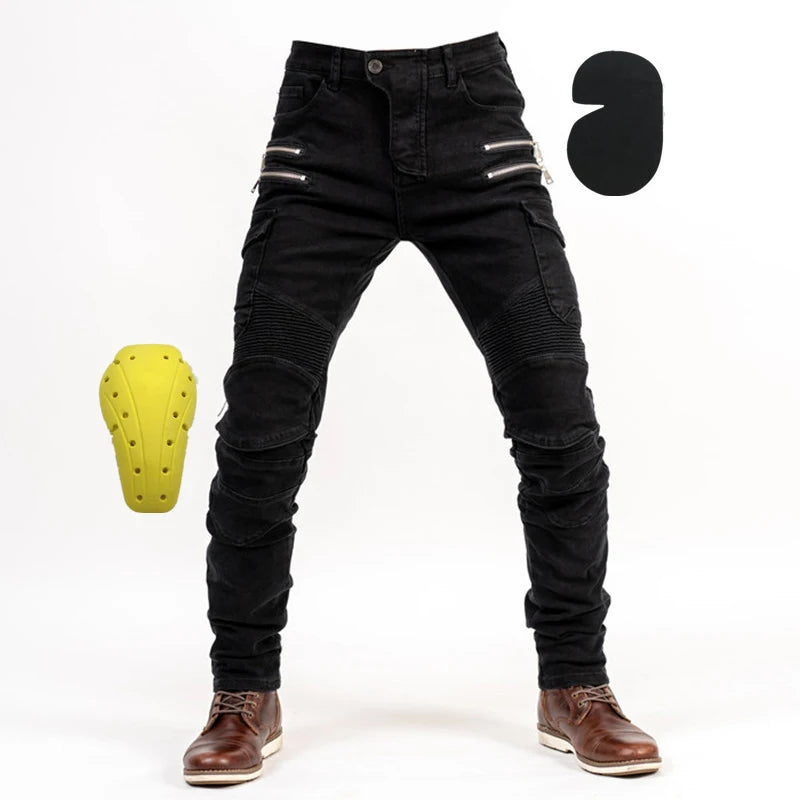 Motorcycle Riding Jeans Men Multi-Pockets Riding Pants with Knee Pads Casual Denim Trousers Solid Fashion Cargo Pant Biker New