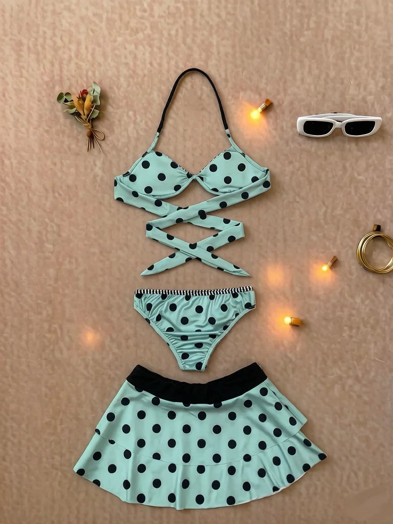 2026 new summer retro polka dot striped bikini set, short skirt, swimsuit, Y2K sweet and spicy girl swimsuit, beach vacation ins