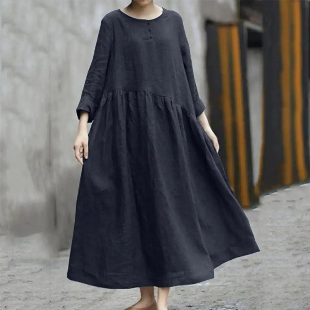 Women's Cotton Linen Maxi Dress Long Sleeve Button Up Crewneck Long Dress with Pockets Plus Size Casual Flowy Beach Sundress